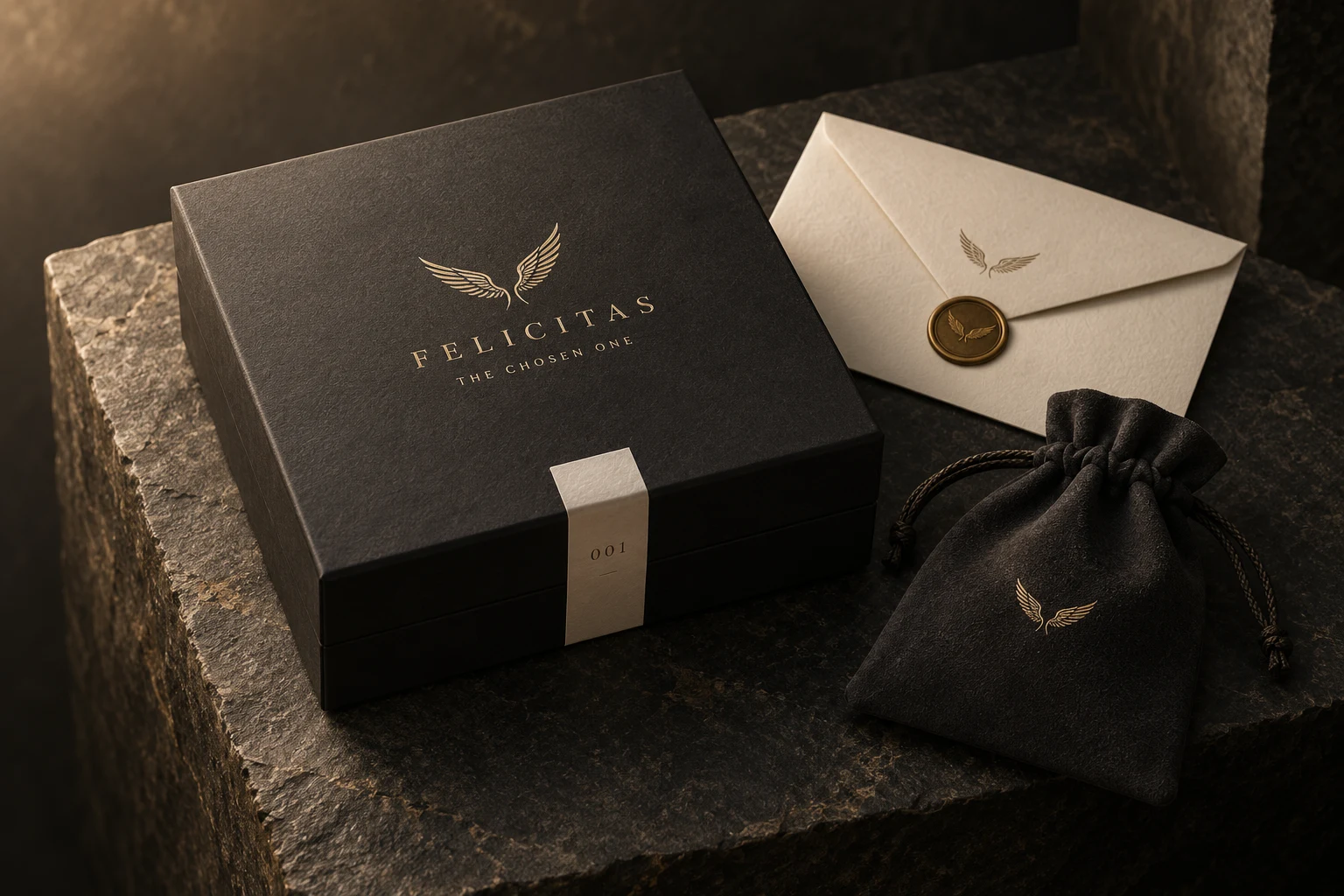Packaging concept for The Chosen One: a sealed charcoal box with gold lettering, a story envelope, and a pouch